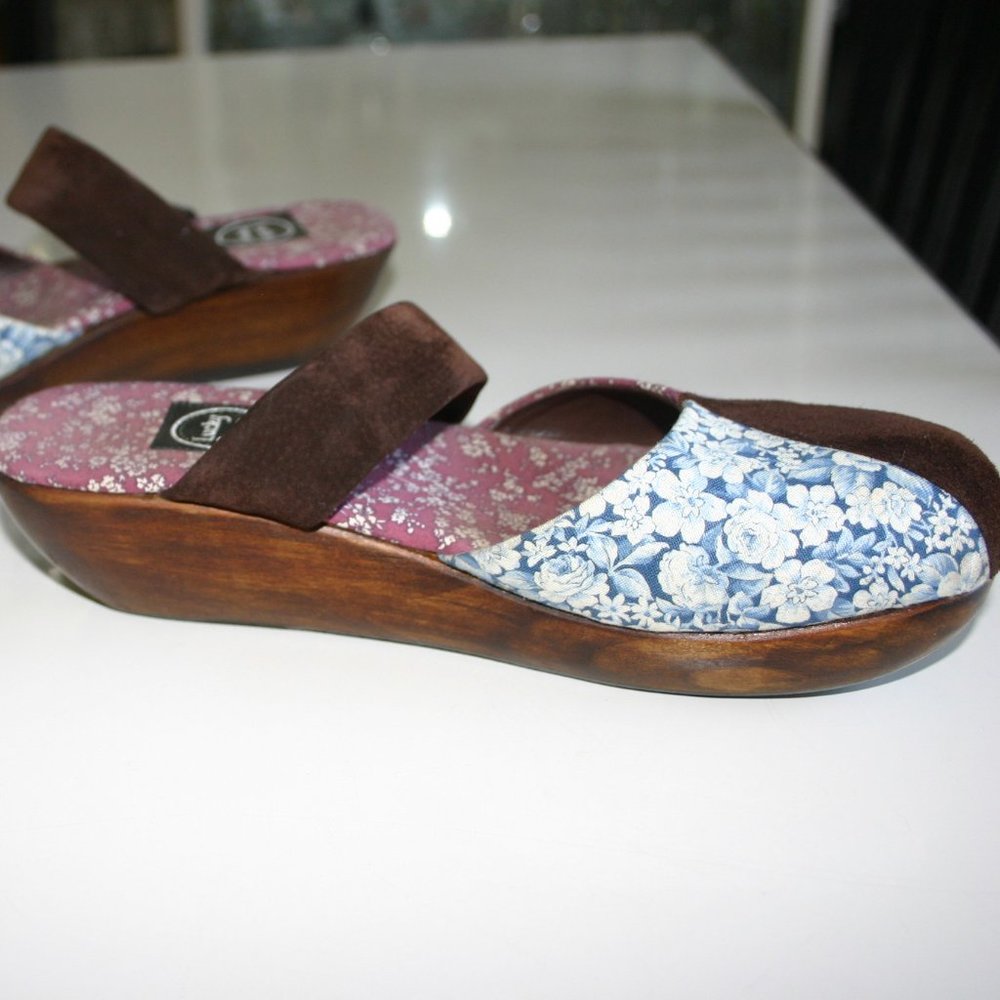LUCKY PENNY Patchwork Clog Size 8 Wooden Platform/Walnut Stain*Fabric*Suede - Picture 5 of 13